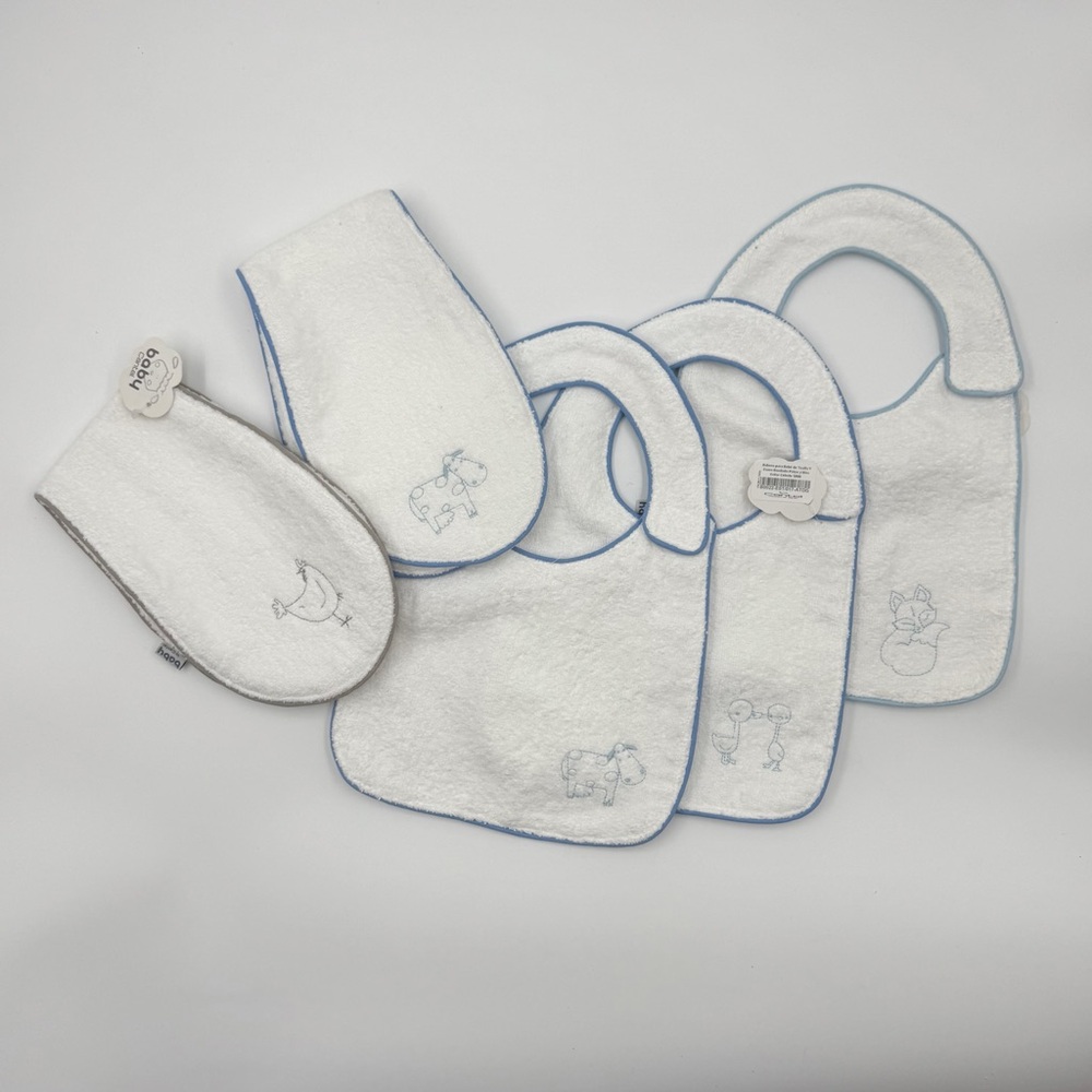 Baby Cantel Terry Bibs & Burp Cloth Set of 5 White Blue Trim Embroidered Animals